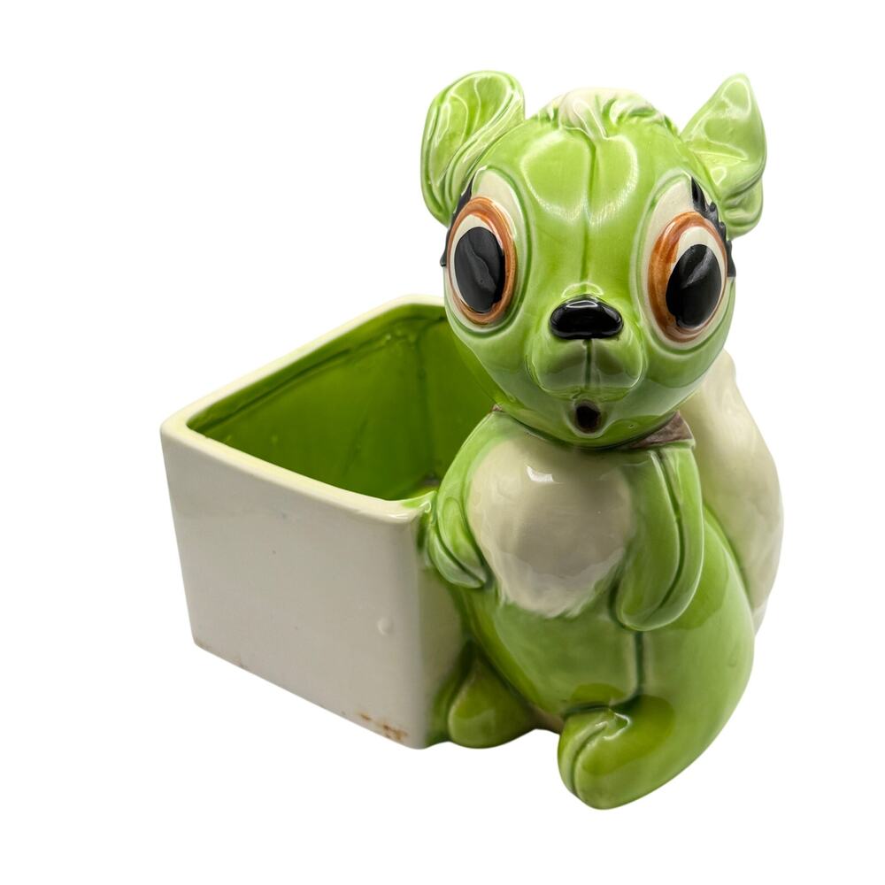 Lefton Big Eyed Green Squirrel Ceramic Planter Pot Japan Succulent H5766 Retro
